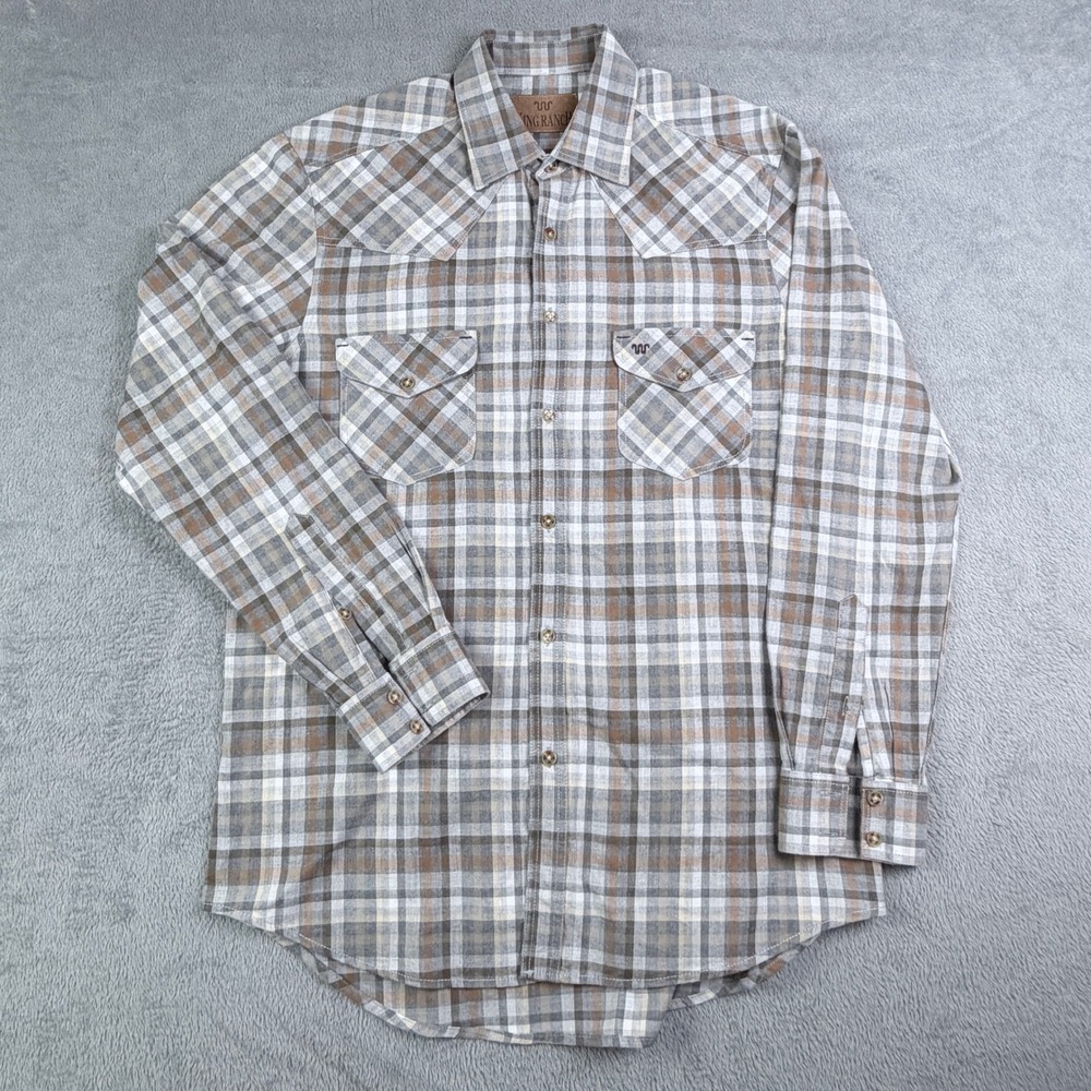 King Ranch Mens Plaid Western Button Down Shirt Brown Grey Running W Logo M